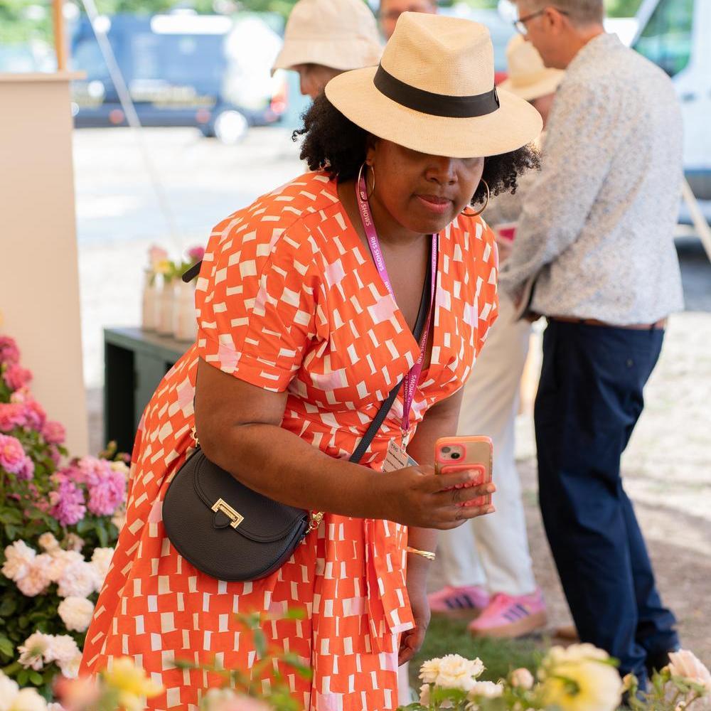 women taking pictures at Hapmpton Court of English rose bred by David Austin