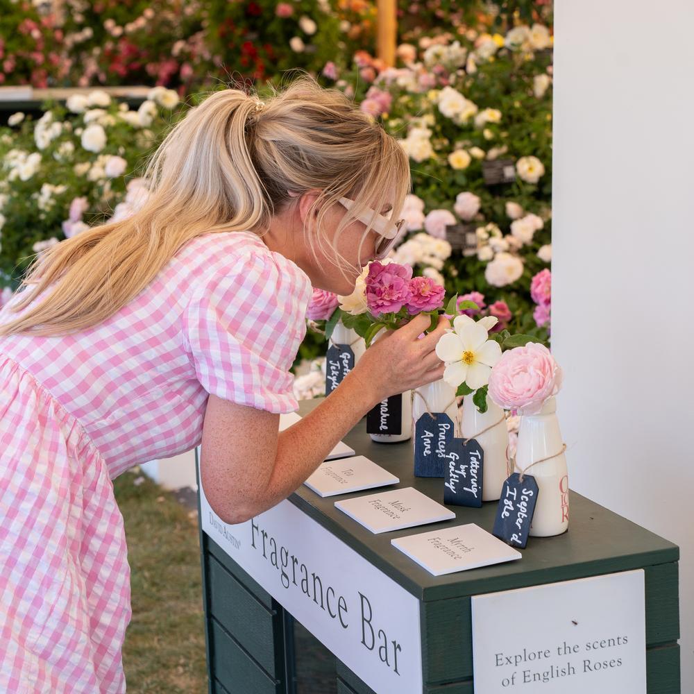 woman selling roses at a 'fragrance bar' at David Austin's stand at Hampton Court
